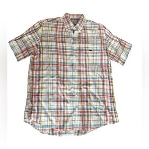 Perlis 100% linen crawfish plaid Seersucker button collar Short Sleeve in L